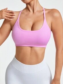 SHEIN Sport Studio Sujetador deportivo de uso diario de unicolor con espalda abierta para mujer