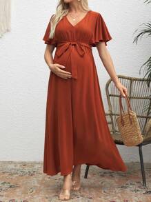 SHEIN Maternity Solid V-Neck Short Sleeve Tie Front Simple Casual Dress - Brown - View 7