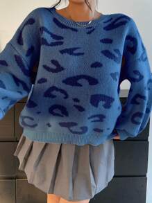Flirla 大码豹纹宽松针织落肩圆领毛衣，秋冬针织套头衫 - 藍色 - 查看 7