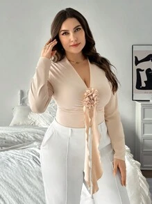 SHEIN Privé New 3D Floral Decor Sexy Deep V-Neck Long Sleeve Bodysuit, Versatile Valentine All-Match, Autumn/Winter - Apricot - View 6