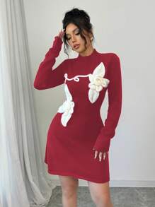 Elenzga Vestido de punto con cuello alto, manga larga y decoración floral, elegante para mujer, para otoño/invierno