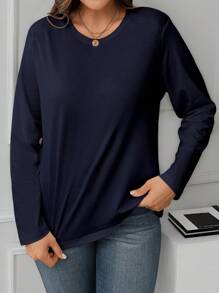 SHEIN LUNE Camiseta de manga larga de cuello redondo de unicolor básica para tallas grandes para atuendo primaveral