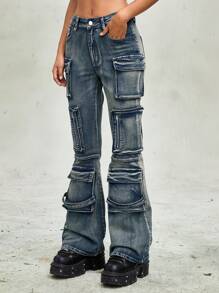 ROMWE Grunge Punk Distressed Flare Leg Women's Jeans, Street Punk Apocalyptic Style