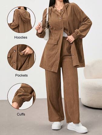 Mulvari 2 ชิ้น ชุดเสื้อมีฮู้ดและกางเกงลำลองสีสีกากีสำหรับผู้หญิง, ชุด 2 ชิ้นสำหรับฤดูใบไม้ร่วง/ฤดูหนาว