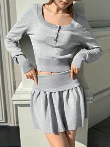 Jouncy 女士休闲两件套 - 正面纽扣长袖衬衫和迷你裙