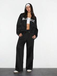 TRNVIE 2pcs Women's Casual All-Match Letter Print Kangaroo Pocket Hoodie & Elastic Waist Straight Leg Pants Set For Autumn/Winter