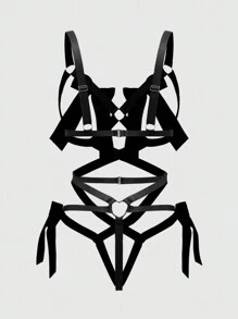 ROMWE Gothic Punk Motorcycle Butterfly Webbing Triangle Cup Triangle Panty Sexy Bodysuits - Black - View 2