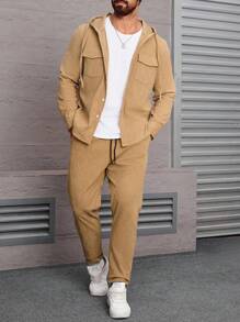 Manfinity Homme Men Plus Flap Pocket Drawstring Hooded Shirt & Pants - Khaki - View 5