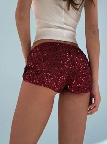 Aloruh Women Sequin Decor Minimalist Shorts, Casual Everyday Wear
