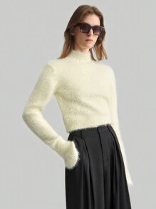 Ontre 棕色高领喇叭袖修身针织毛衣 - 杏色 - 查看 3