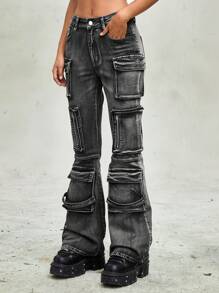 ROMWE Grunge Punk Wasteland Punk Style Multi-Pocket Distressed Washed-Effect Women Kpop Grey Versatile Flare Leg Jeans - Grey - View 5