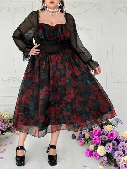 Flirla Plus Size Women's Princess Dress With Youthful Charm, Rose Floral Print, Sweetheart Collar, Cinched Waist Design, Contrasting Colors, Ruffle Long Sleeve Midi Dress,Valentine Fall Cloth For Women