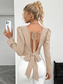 Selianne Damen elegantes einfarbiges Hemd mit Schleifenrücken und Ballonärmeln, Herbst/Winter