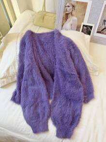 SHEIN Frenchy Áo len cardigan hở vai cỡ lớn cho nữ - Màu tím - Xem 3