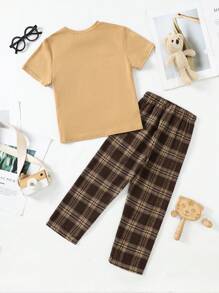 SHEIN Leap Crew Young Boy Cartoon Bear Graphic Round Neck Short Sleeve T-Shirt And Plaid Pattern Pants, 2pcs Comfortable Casual Pajama Set - Brown - View 2