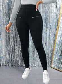 Lyxana 女式黑色针织紧身拉链打底裤，秋季新品 - 黑色 - 查看 1