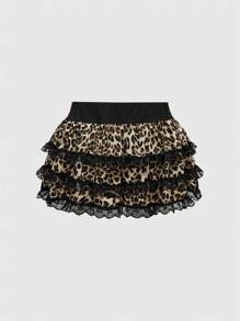 ROMWE J-Fashion Y2K Harajuku Gyaru Super Oversized Bow Lace Trim Tiered Leopard Print Women Mini Skirt - Khaki - View 2