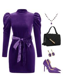 SHEIN Clasi Women Solid Stand Collar Long Sleeve Front Tie Hem Mini Dress