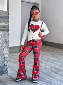 SHEIN Leap Crew Tween Girls Fashion Streetwear Knit Crewneck Long Sleeve Top & Plaid Flare Pants Set, Valentine's Day