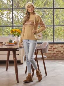 LanaWest Suéter de mujer con cuello redondo y parches de lentejuelas para otoño/invierno