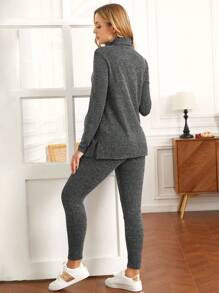 SHEIN 2pcs Pregnant Women Casual Solid Color Turtleneck Long Sleeve Top And Long Pants Set, Autumn/Winter - Dark Grey - View 2