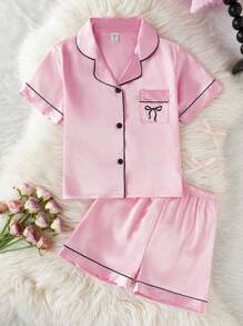 SHEIN 2pcs/Set Tween Girls Valentine's Clothes Simple Short Sleeve Cardigan With Pockets And Bow Patch Printed Shorts Pajamas Set - Pink - View 1