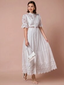 Enchnt Vestido elegante de manga curta com contraste de renda e botão único, romântico para primavera, para o Dia dos Namorados e jantares românticos, vestidos de festa, vestidos de férias - Branco - Ver 4