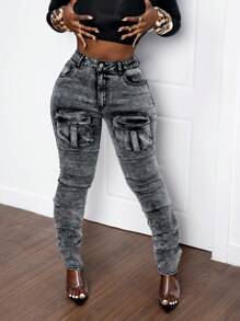 SHEIN Slayr Jeans cargo slim de mujer con lavado vintage informal - Gris - Ver 6