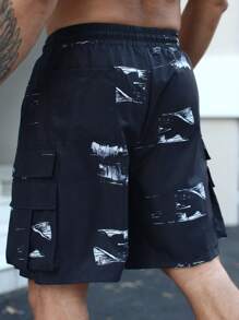 Manfinity LEGND Men's Brush Print Drawstring Waist Cargo Pocket Shorts - Black - View 2