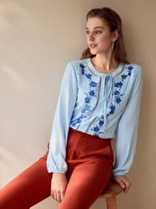 MOTF PREMIUM FLORAL EMBROIDERY TIE NECK BLOUSE,SPRING/SUMMER