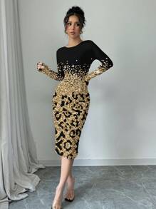 SHEIN Clasi 女款金箔豹纹渐变印花圆领长袖中长修身连衣裙 - 黑色和金色 - 查看 5