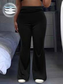 Flirla Women Plus Size High Waist Solid Color Bell-Bottomed Minimalist Trousers
