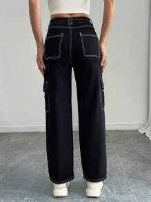 SHEIN PETITE Women's Front Button Pocket Simple Design Casual Denim Jeans, Everyday Wear - Black - View 2