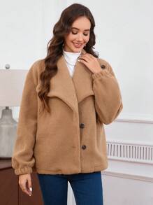 INAWLY 1 件女士休闲蓬松领长袖常规夹克，温暖宽松，秋冬 - 卡其色 - 查看 4