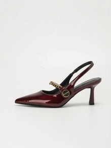 CUCCOO BIZCHIC Pointed Toe High Heel Women's Shoes, Elegant High-Quality Burgundy Single Strap Heels With Gold Chain Detail, For Commuting And Daily Wear New Year Holiday