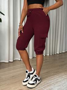 SHEIN SXY 女式纯色抽绳腰部实用口袋七分休闲裤