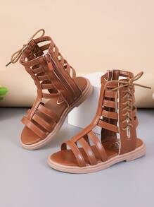 New Fashionable Minimalist Side Zip Children Roman Flat Sandals, Spring/Summer - Brown - View 4