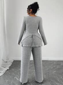 Flirla Conjunto de 2 piezas de top de manga larga cruzado y envoltura informal talla grande talla otoñal y pantalones - Gris - Ver 2