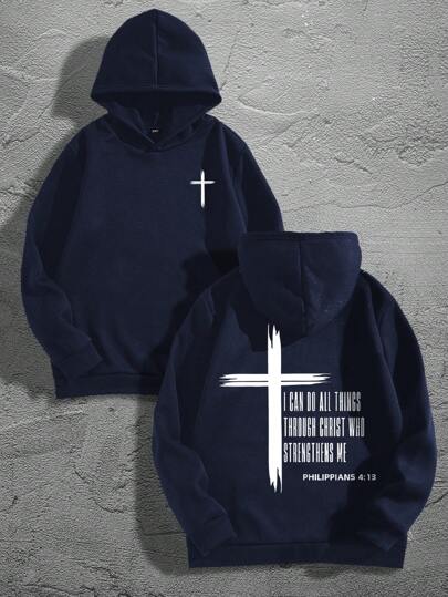 Manfinity Homme sweat-shirt à capuche décontracté avec slogan et impression croix pour hommes, automne/hiver