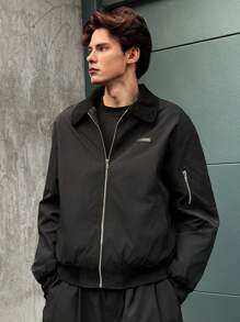 Manfinity VCAY Men's Fashionable Casual Loose Fit Contrast Panel Long Sleeve Open Front Black Jacket Coat, For Fall Winter - Black - View 4