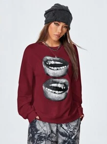 Coolane Jumper Longgar Kasual Bergambar Gaya Streetwear Y2K untuk Wanita - Burgundy - View 5