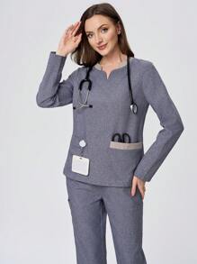 TaskEZ Women's Colorblock Multi-Pocket Long Sleeve Scrub Uniform Top - Blue - View 6