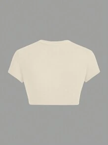 SHEIN ICON Áo thun nữ cổ tròn tay ngắn tối giản màu mơ, phù hợp cho mùa hè - Màu be - Xem 2