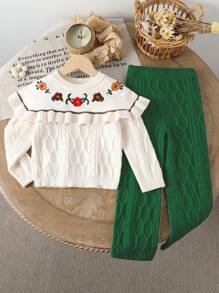 Young Girl Country Style Embroidery Ruffled Knit Sweater & Pants Set - Dark Green - View 1