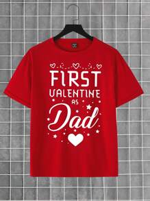 SHEIN 1 件男士休闲情人节口号图案圆领短袖 T 恤，新爸爸情人节礼物 - 酒紅色 - 查看 5