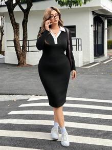 SHEIN EZwear Plus Contrast Collar Bodycon Dress - Black - View 6