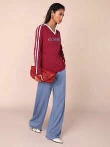 COSMINA Damen Herbst Buchstaben gestreiftes V-Ausschnitt Langarm Lässig T-Shirt