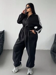 POPSWAY 大码纯色拼接休闲运动简约时尚连体裤 - 黑色 - 查看 3
