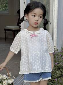 DAZY Young Girl Round Neck Short Sleeve Casual Shirt With Bow Decor,Girls Summer Outfits