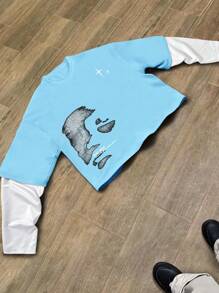 Manfinity EMRG Men's Solid Color Patchwork Round Neck Long Sleeve Print Casual Light Blue Graphics  T-Shirt - Blue - View 1
